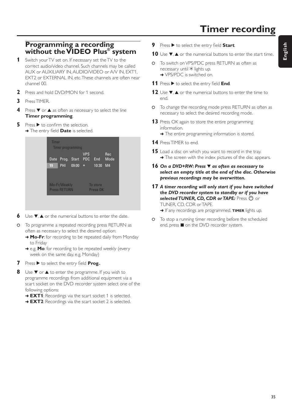 Timer recording, Programming a recording without the video plus, System | Philips LX7500R User Manual | Page 35 / 70