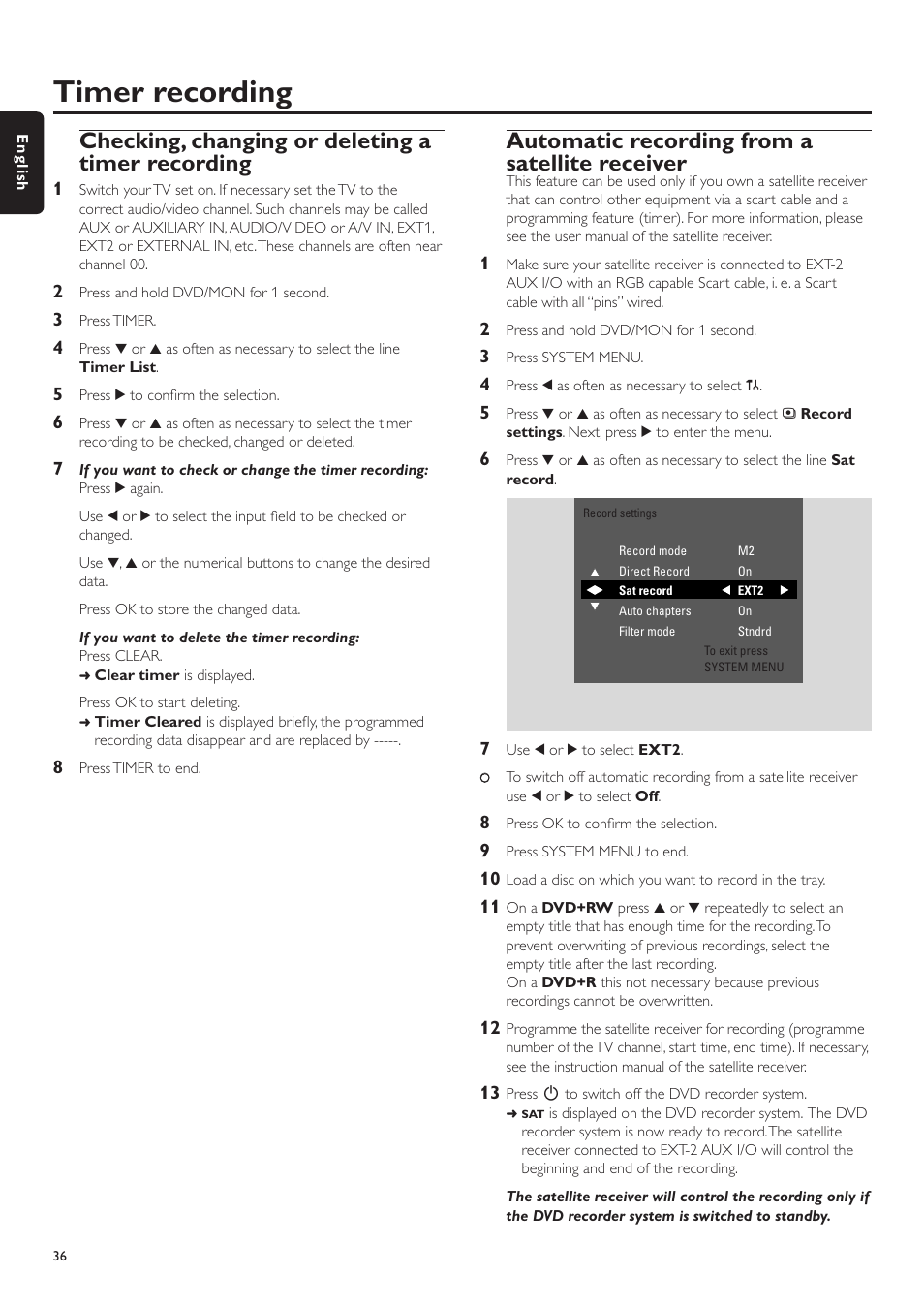 Checking, changing or deleting a timer recording, Automatic recording from a satellite receiver, Timer recording | Philips LX7500R User Manual | Page 36 / 70
