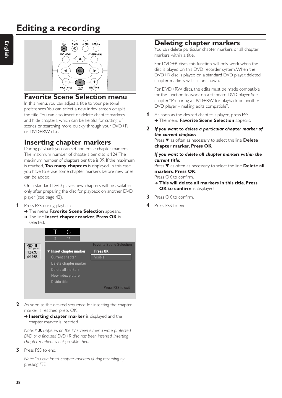 Favorite scene selection menu, Inserting chapter markers, Deleting chapter markers | Vps and pdc –––––––––––––––––––––––––––––––– 33, Amming a recording with the video plus® system, Editing a recording | Philips LX7500R User Manual | Page 38 / 70
