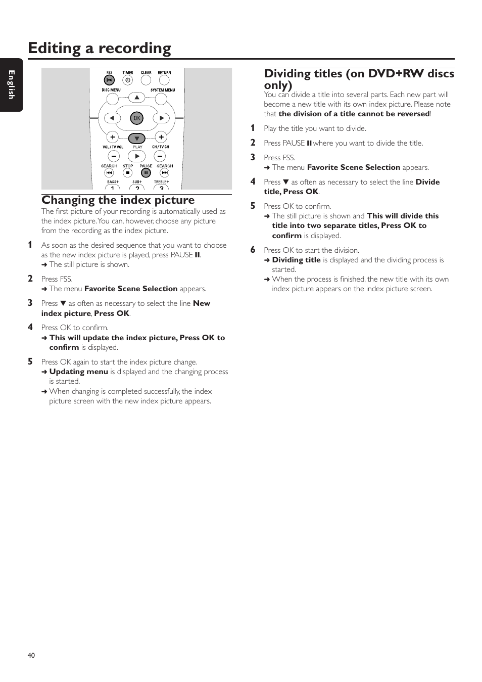 Changing the index picture, Dividing titles (on dvd+rw discs only), Changing the name of a recording | Ite scene selection men, Editing a recording | Philips LX7500R User Manual | Page 40 / 70