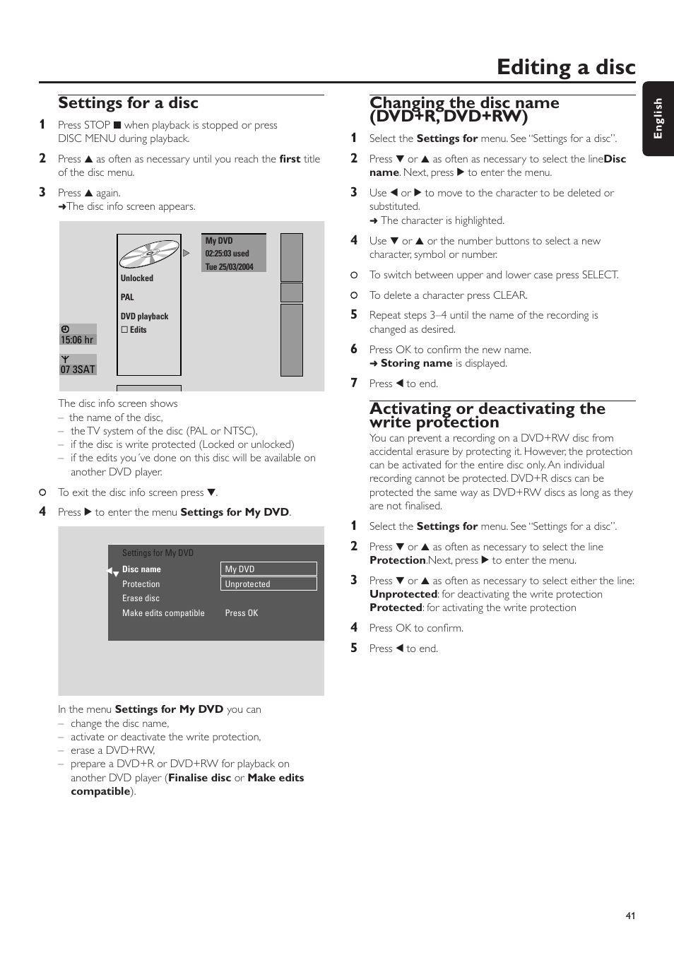 Editing a disc, Settings for a disc, Changing the disc name (dvd+r, dvd+rw) | Activating or deactivating the write protection, Ting chapter markers, Deleting chapter markers, Hiding chapters, Ying the entire title including hidden chapter | Philips LX7500R User Manual | Page 41 / 70
