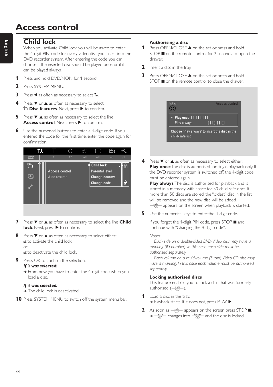 Child lock, Authorising a disc, Locking authorised discs | Access control, Arental level (dvd only), Sz y | Philips LX7500R User Manual | Page 44 / 70
