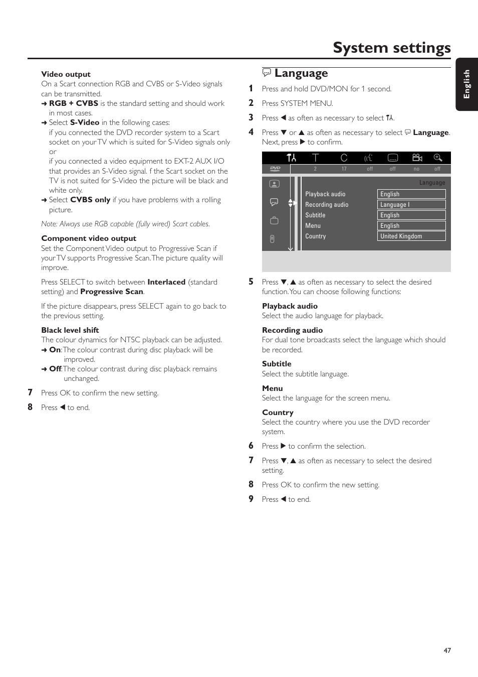 Video output, Component video output, Black level shift | Language, Playback audio, Recording audio, Subtitle, Menu, Country, Yback audio | Philips LX7500R User Manual | Page 47 / 70