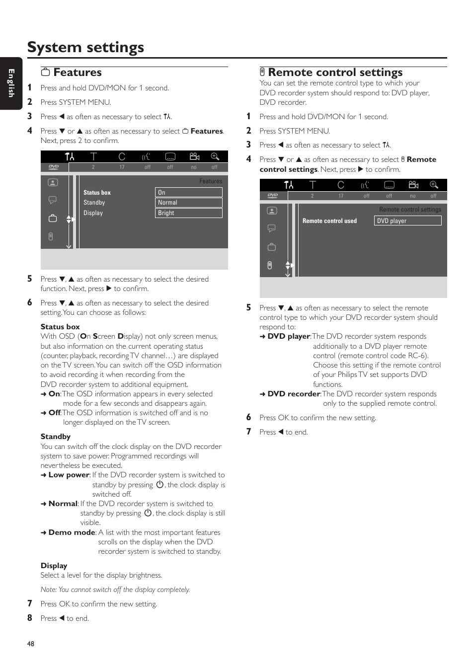 Features, Status box, Standby | Display, Remote control settings, Menu, System settings, Wfeatures, Xremote control settings, Tu w x | Philips LX7500R User Manual | Page 48 / 70