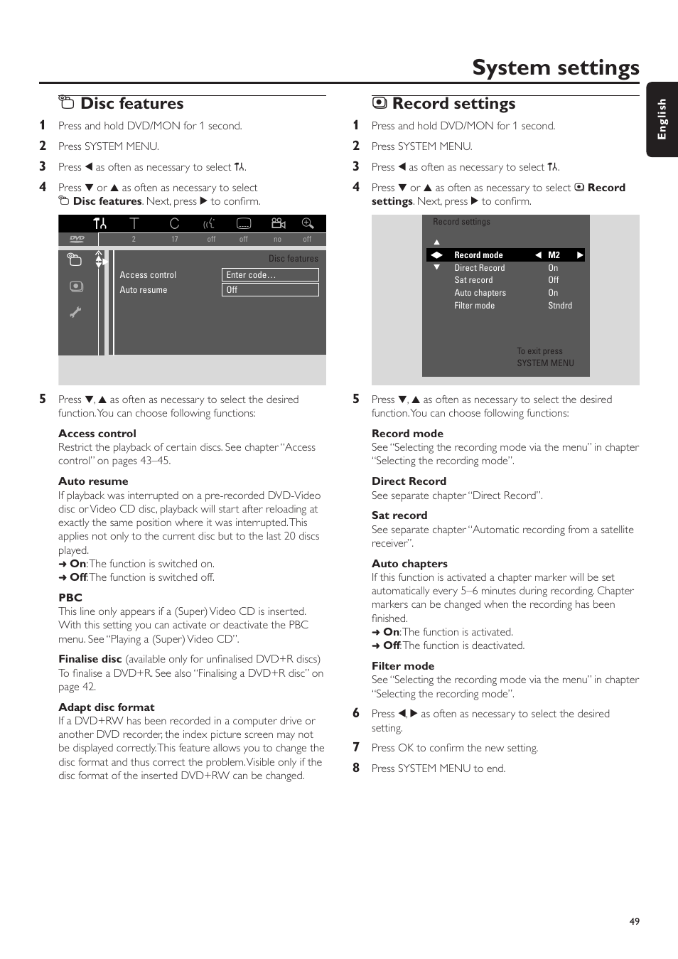 Disc features, Access control, Auto resume | Adapt disc format, Record settings, Record mode, Direct record, Sat record, Auto chapters, Filter mode | Philips LX7500R User Manual | Page 49 / 70