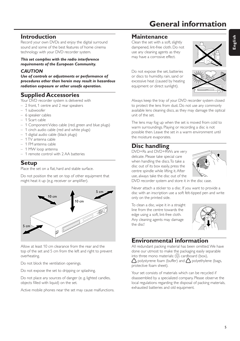 General information, Introduction, Supplied accessories | Setup, Maintenance, Disc handling, Environmental information, General information introduction, Vironmental information, Which discs can be used | Philips LX7500R User Manual | Page 5 / 70