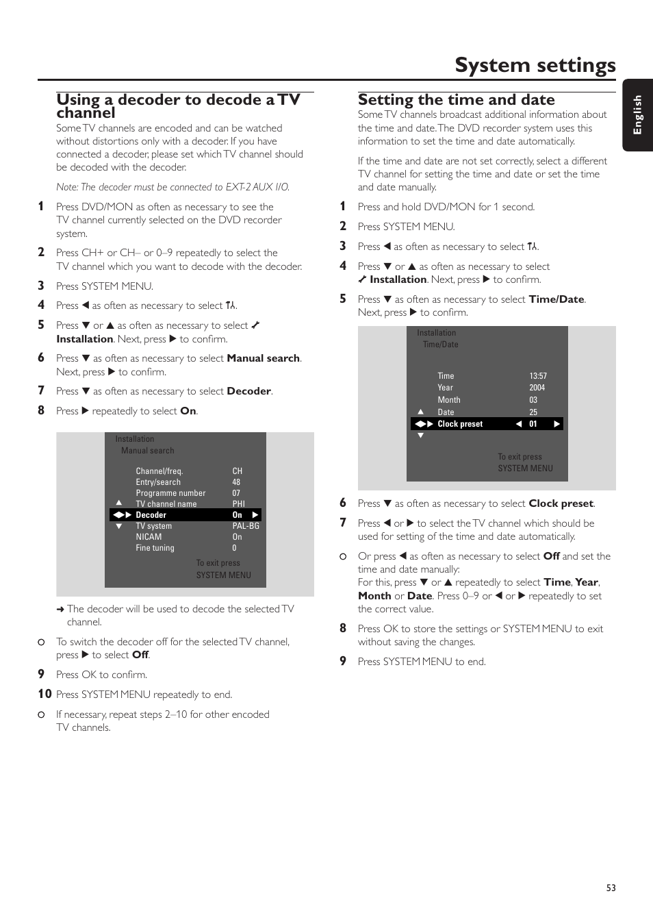 Using a decoder to decode a tv channel, Setting the time and date, T tv channels ––––––––––––––––––––––––––– 51 | Additional tv channel settings, Tv channel name, System settings | Philips LX7500R User Manual | Page 53 / 70