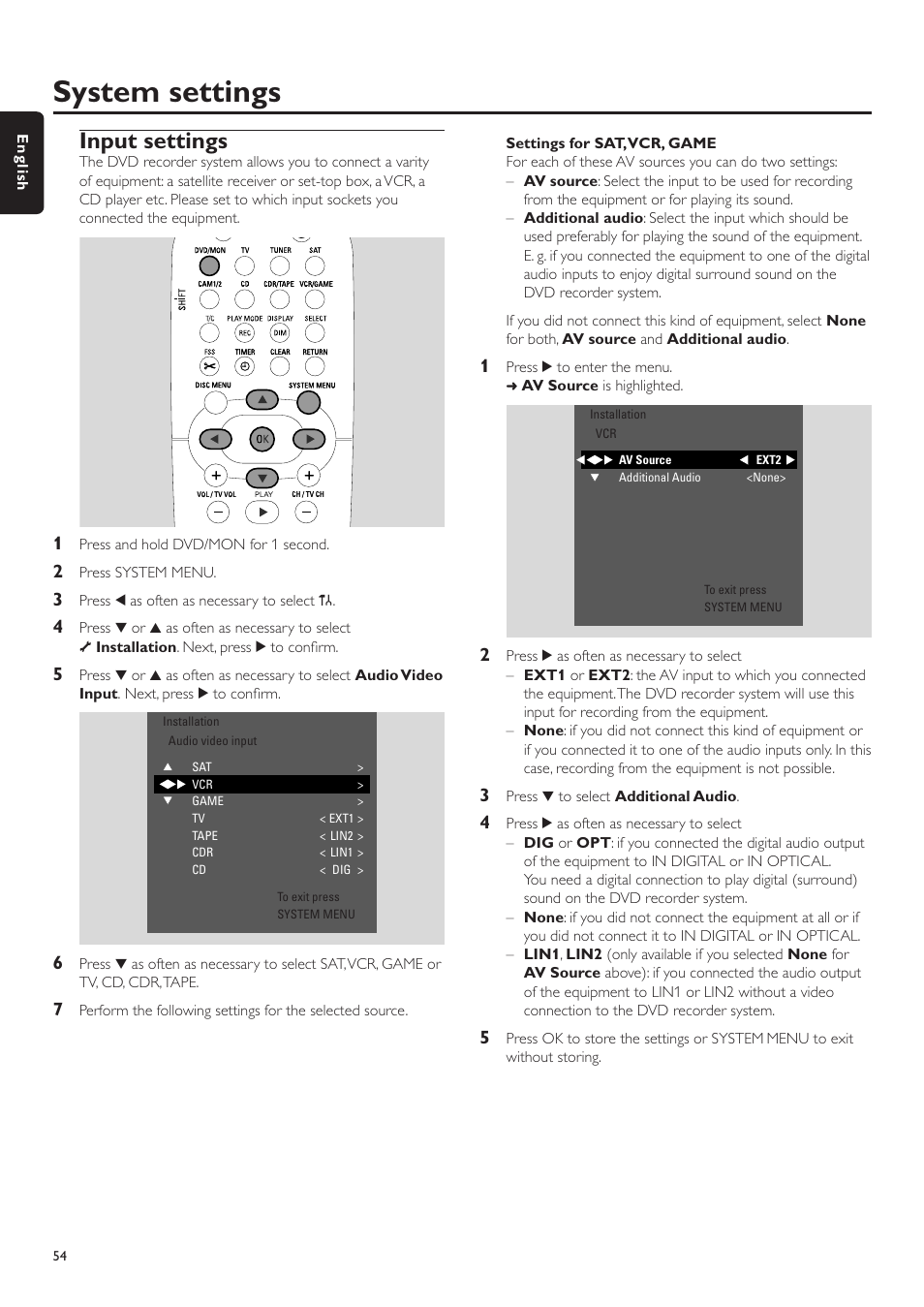 Input settings, Settings for sat, vcr, game, Tv system | System settings | Philips LX7500R User Manual | Page 54 / 70