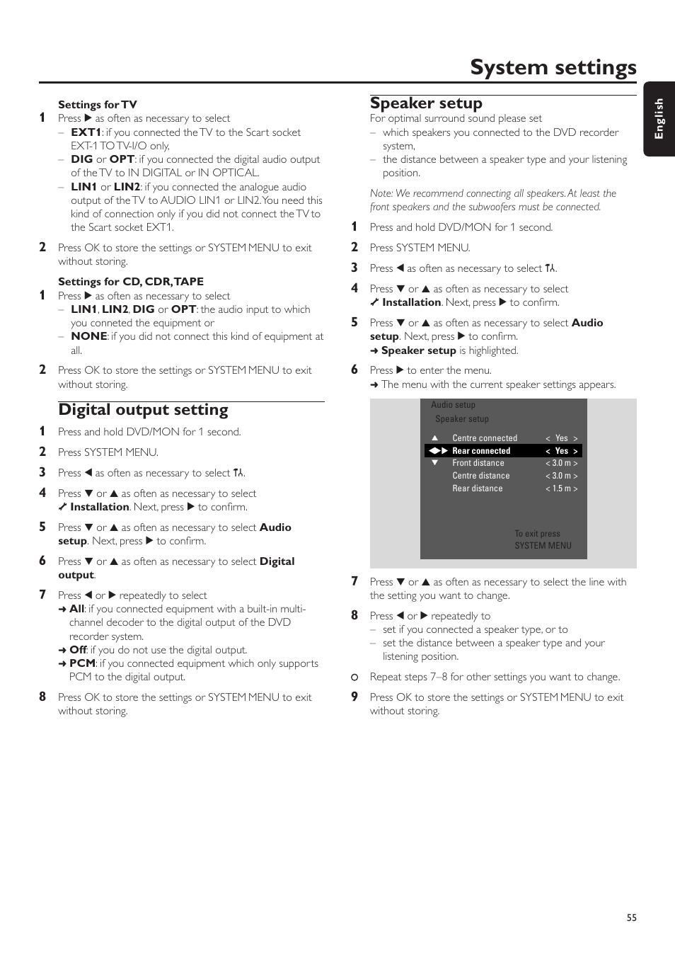 Settings for tv, Settings for cd, cdr, tape, Digital output setting | Speaker setup, Fine tuning, Using a decoder to decode a tv channel, Setting the time and date, Input settings, System settings | Philips LX7500R User Manual | Page 55 / 70