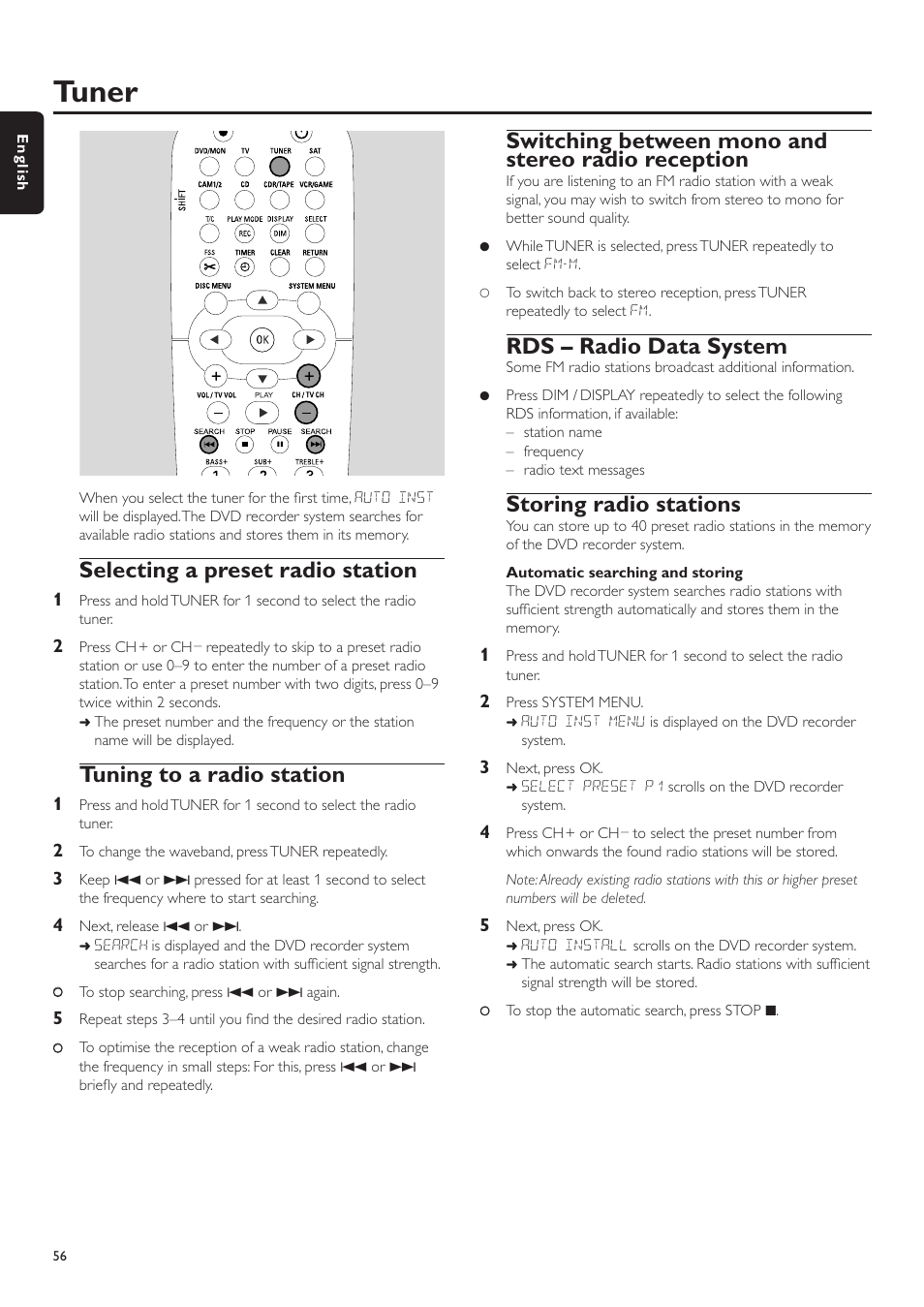 Tuner, Selecting a preset radio station, Tuning to a radio station | Switching between mono and stereo radio reception, Rds – radio data system, Storing radio stations, Automatic searching and storing, Settings for cd, cdr,tape ––––––––––––––––––– 55, Digital output setting, Er setup | Philips LX7500R User Manual | Page 56 / 70
