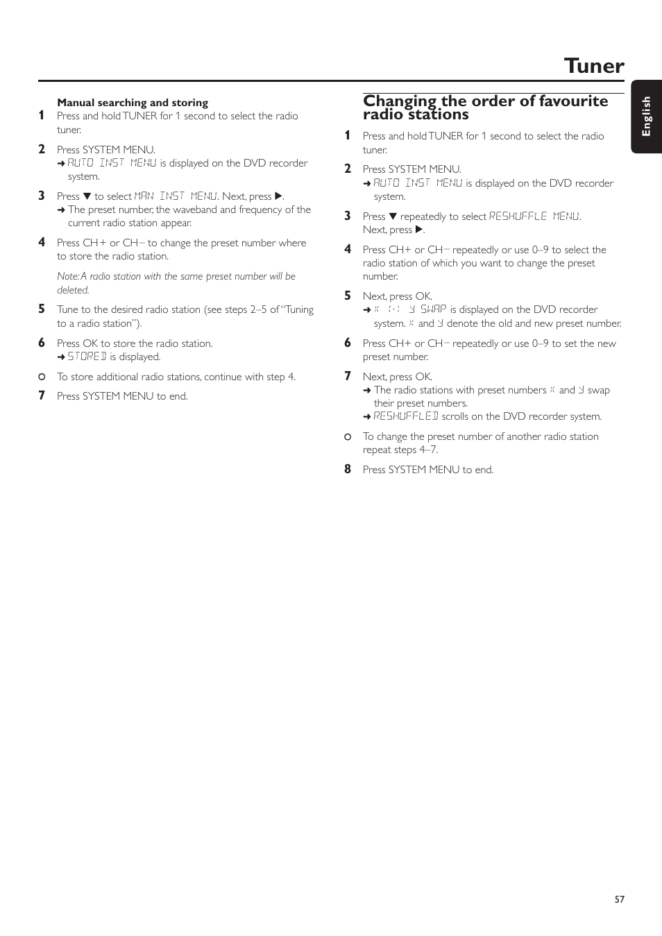 Manual searching and storing, Changing the order of favourite radio stations, Rds – radio data system ––––––––––––––––––––––– 56 | Ing radio stations, Tuner | Philips LX7500R User Manual | Page 57 / 70