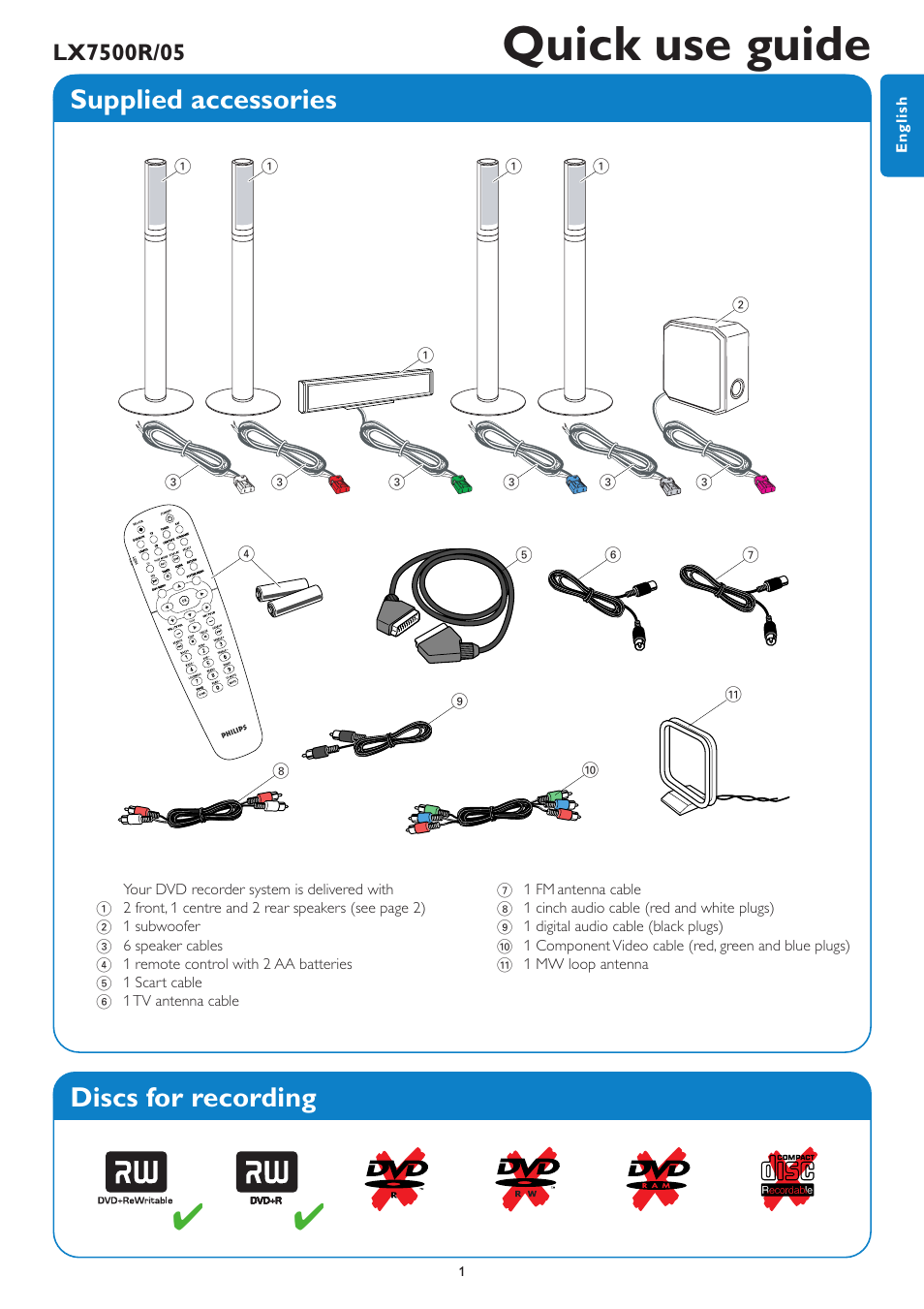 Quick use guide, Supplied accessories, Discs for recording | Philips LX7500R User Manual | Page 65 / 70