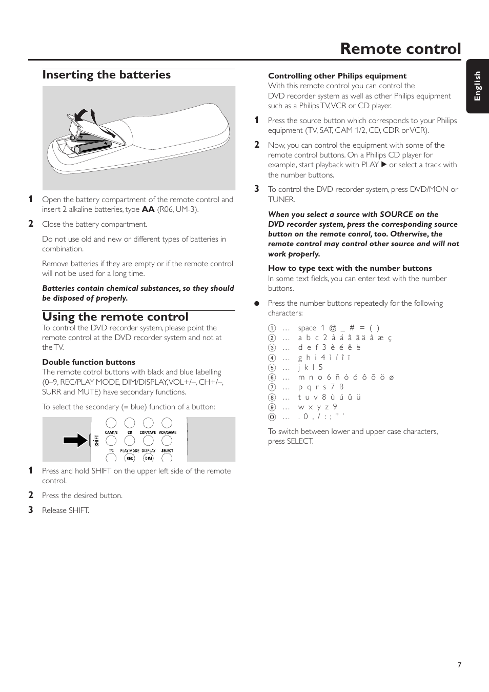 Remote control, Inserting the batteries, Using the remote control | Double function buttons, Controlling other philips equipment, How to type text with the number buttons, Ting the batteries | Philips LX7500R User Manual | Page 7 / 70
