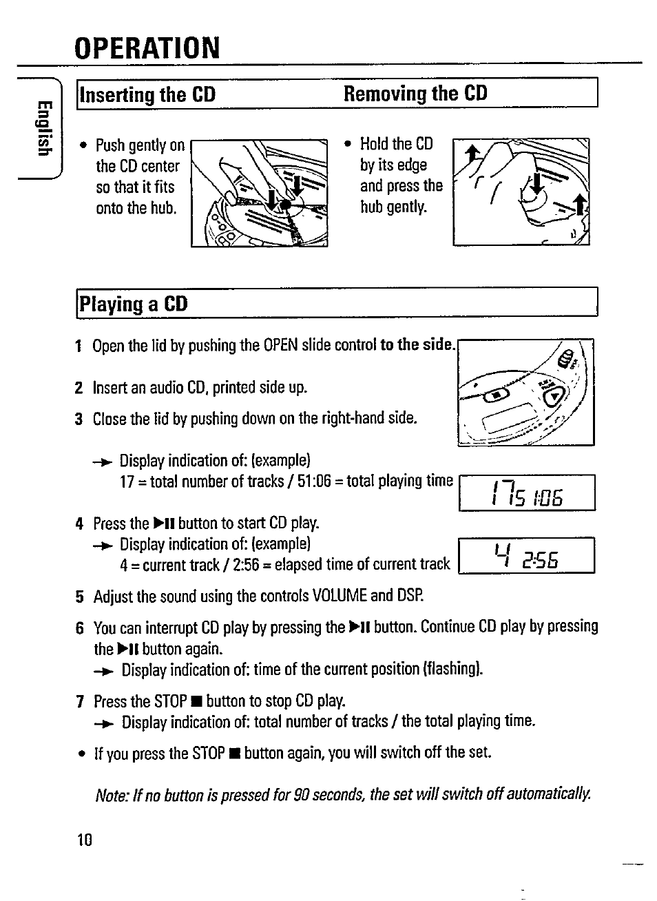 Inserting the cd, Removing the cd, Playing a cd | Operation, U -irr | Philips AZ 7464 User Manual | Page 10 / 22