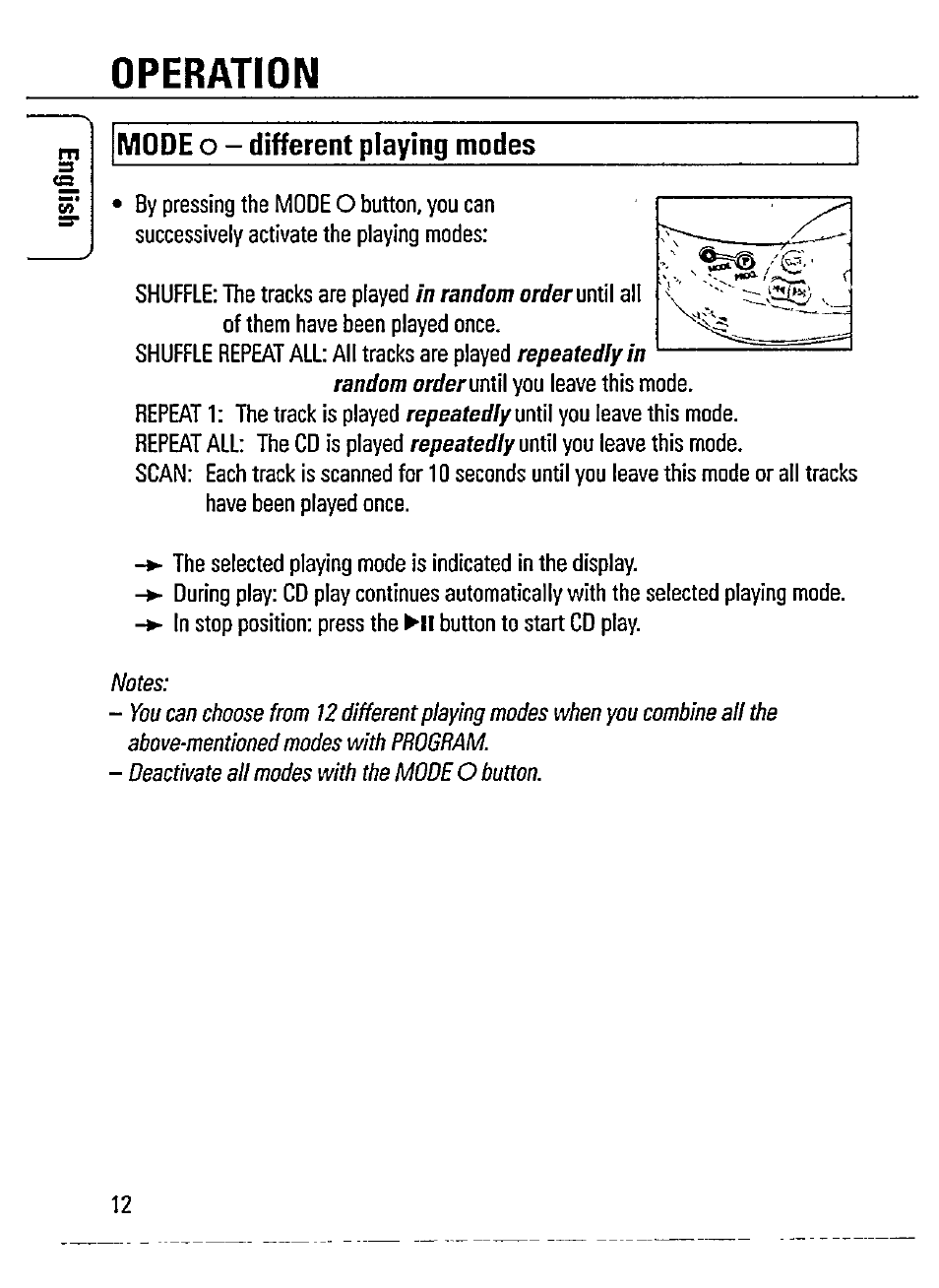 Mode о - different playing modes, Operation, A mode о - different playing modes | Philips AZ 7464 User Manual | Page 12 / 22