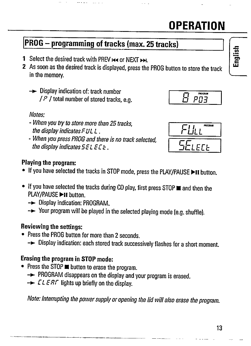 Prog - programming of tracks (max. 25 tracks), Lecl, Operation | Philips AZ 7464 User Manual | Page 13 / 22