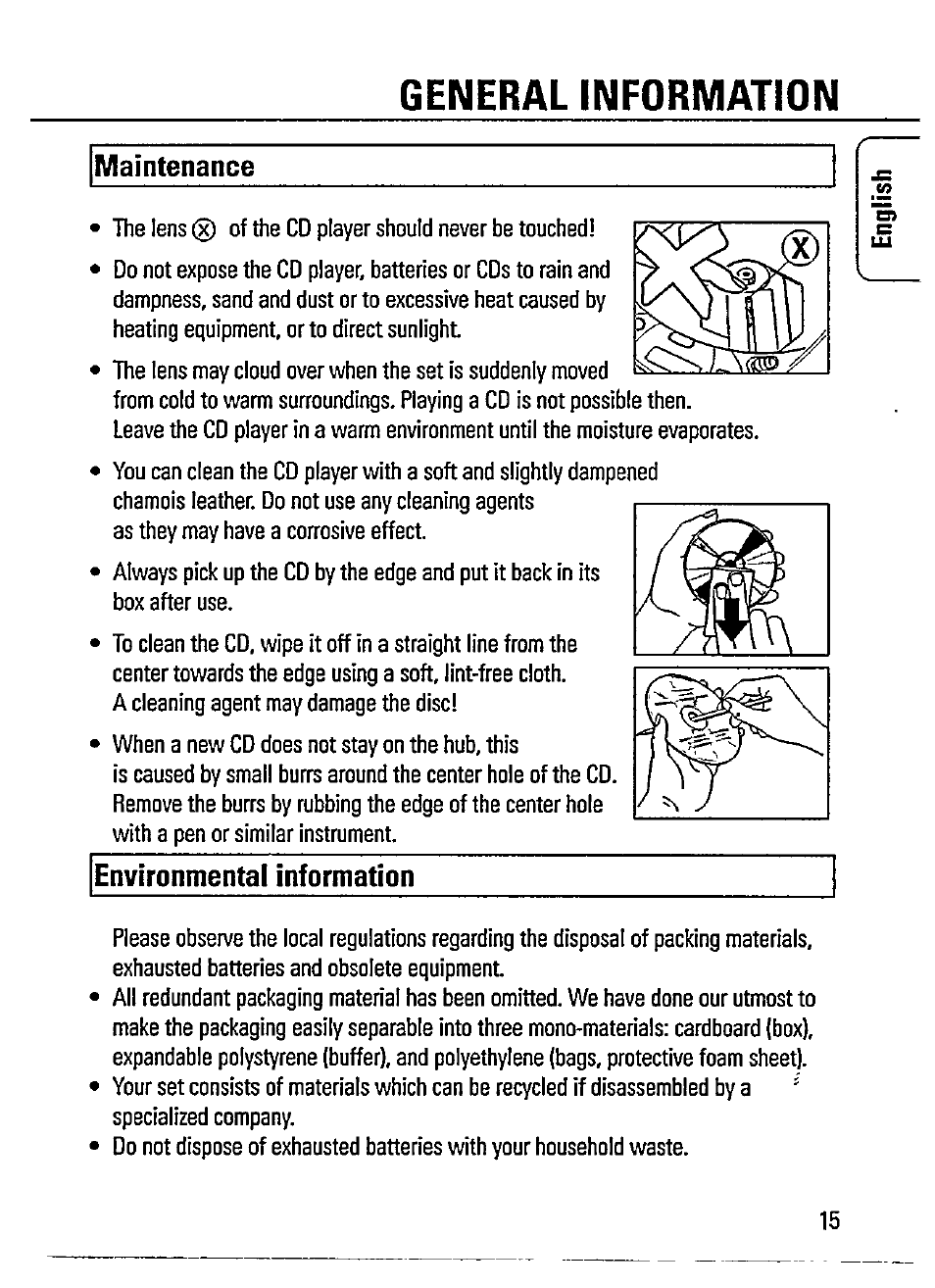 Maintenance, Environmental information, General information | Philips AZ 7464 User Manual | Page 15 / 22