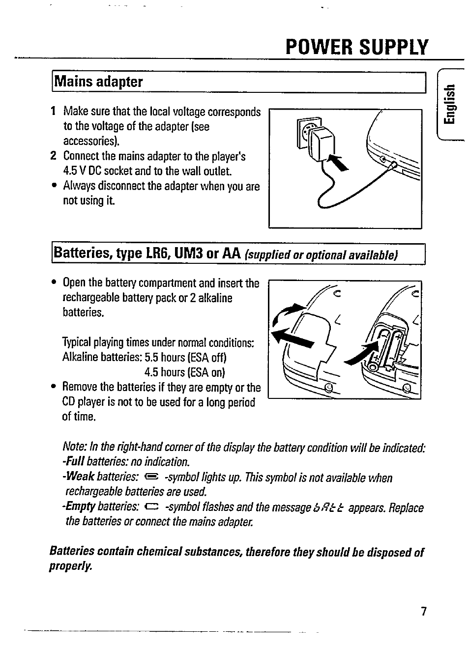 Mains adapter, Power supply, Batteries, type lr6, um3 or aa | Philips AZ 7464 User Manual | Page 7 / 22