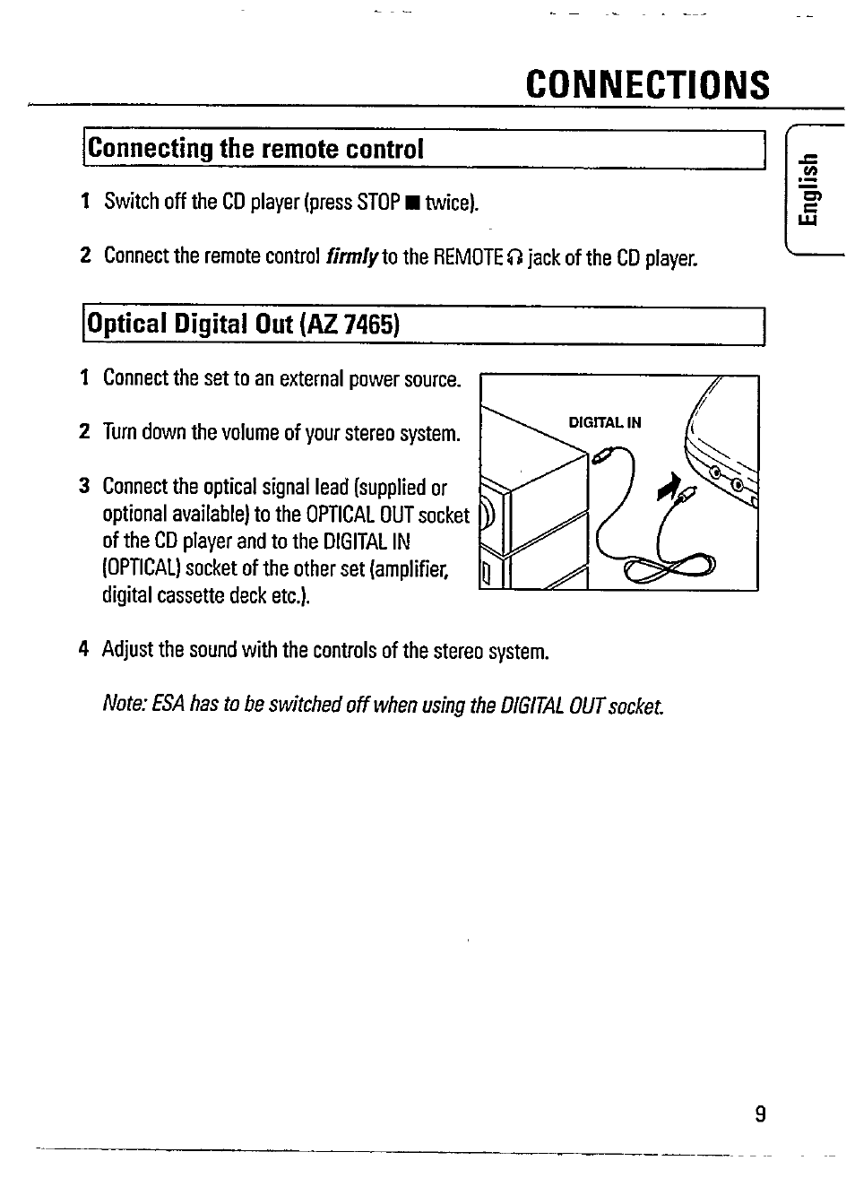 Connections, Connecting the remote control, Optical digital out (az 7465) | Philips AZ 7464 User Manual | Page 9 / 22