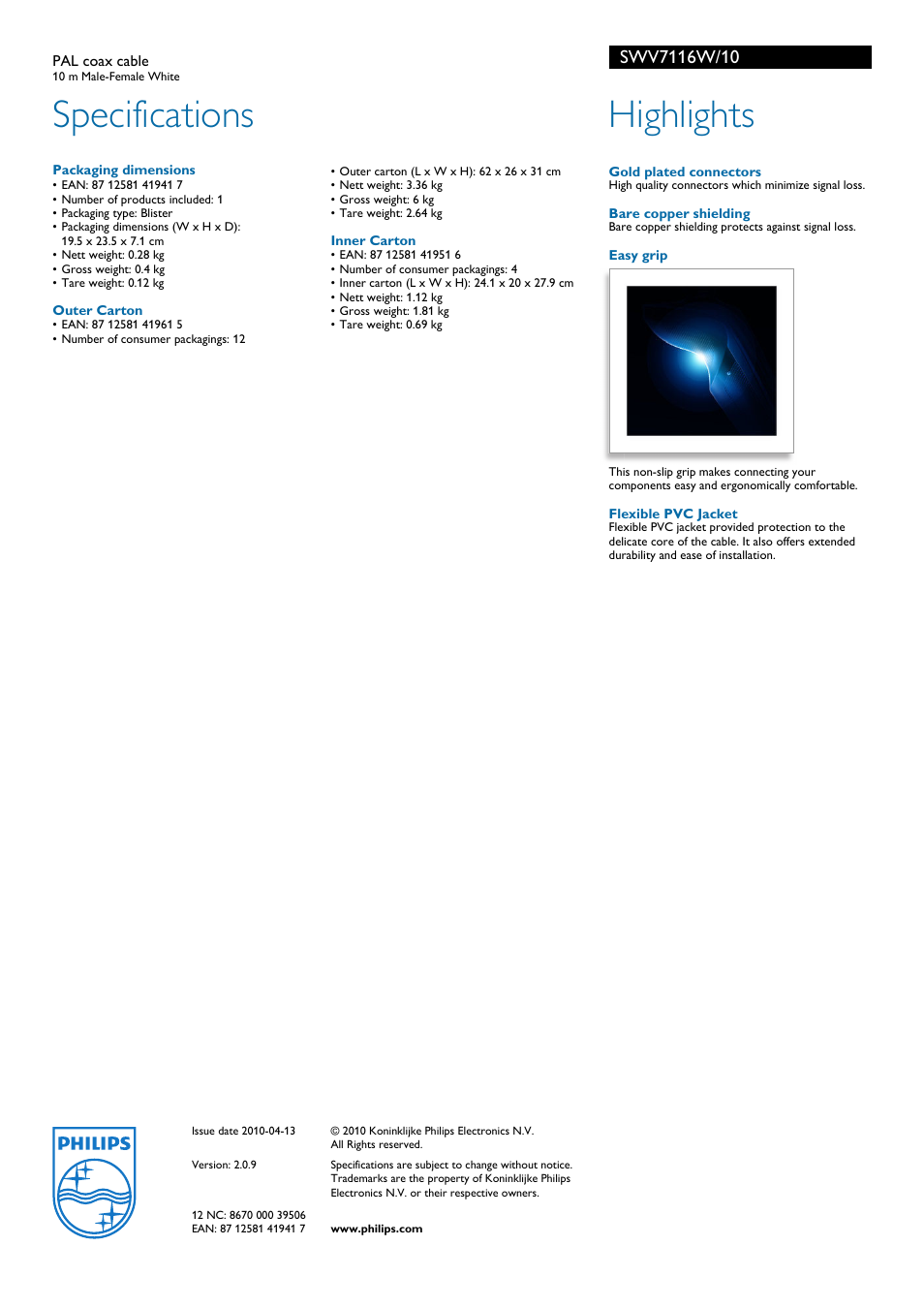 Specifications, Highlights | Philips SWV7116W User Manual | Page 2 / 2