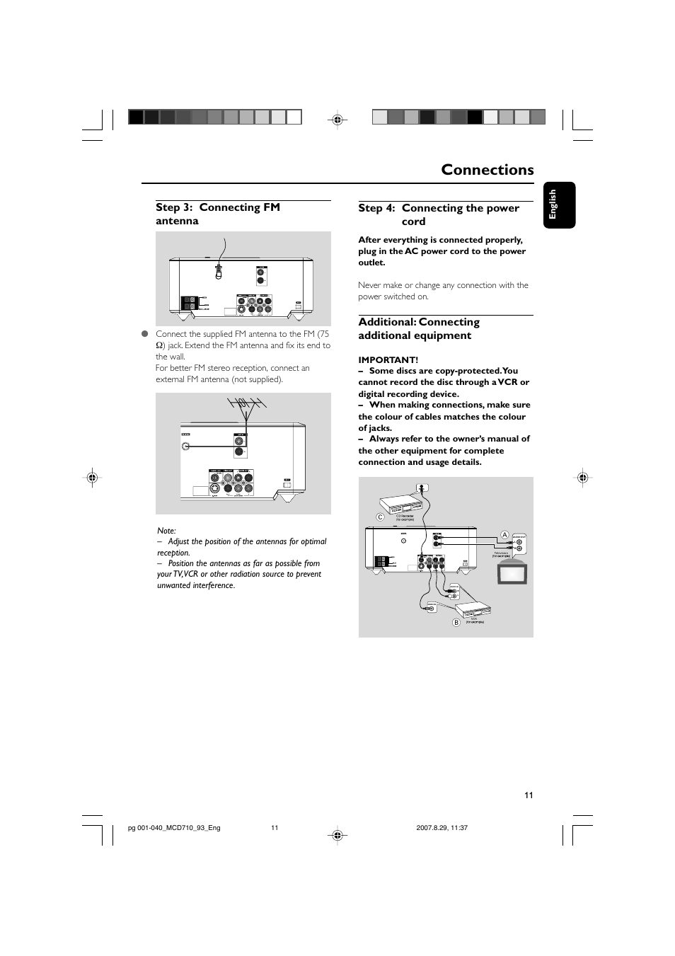 Connections, Step 3: connecting fm antenna, Step 4: connecting the power cord | Additional: connecting additional equipment | Philips MCD710 User Manual | Page 11 / 40