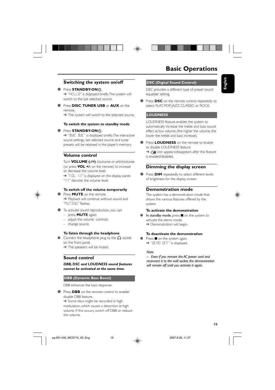 Basic operations, Switching the system on/off, Volume control | Sound control, Dimming the display screen, Demonstration mode | Philips MCD710 User Manual | Page 19 / 40