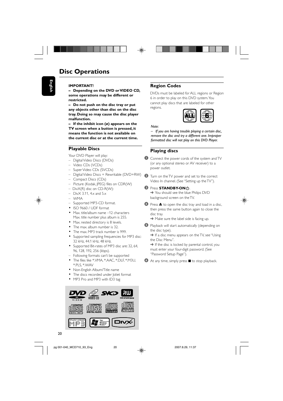 Disc operations | Philips MCD710 User Manual | Page 20 / 40