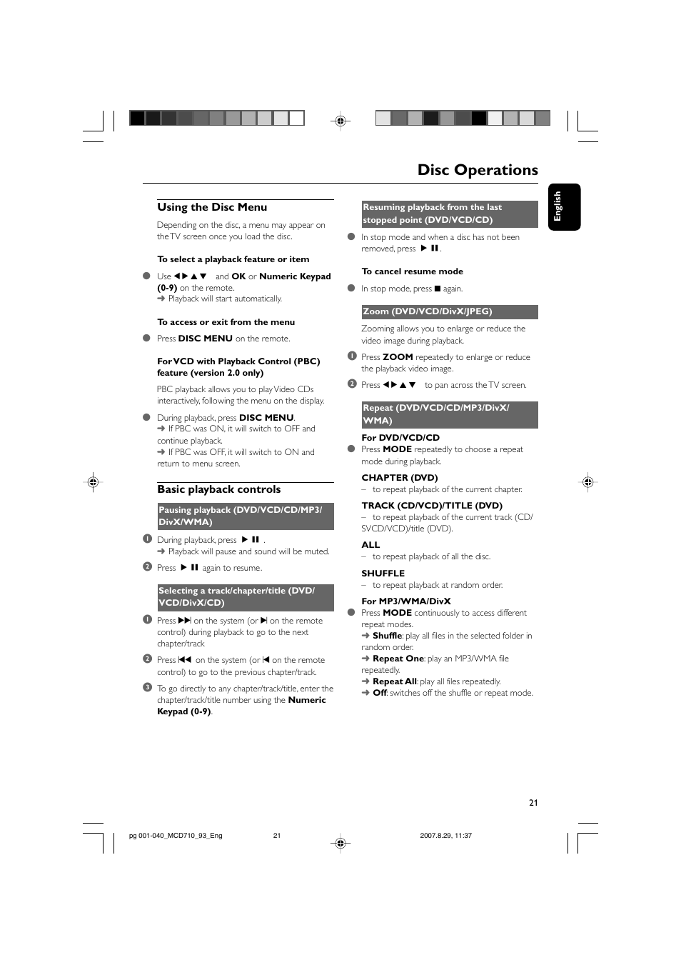 Disc operations | Philips MCD710 User Manual | Page 21 / 40