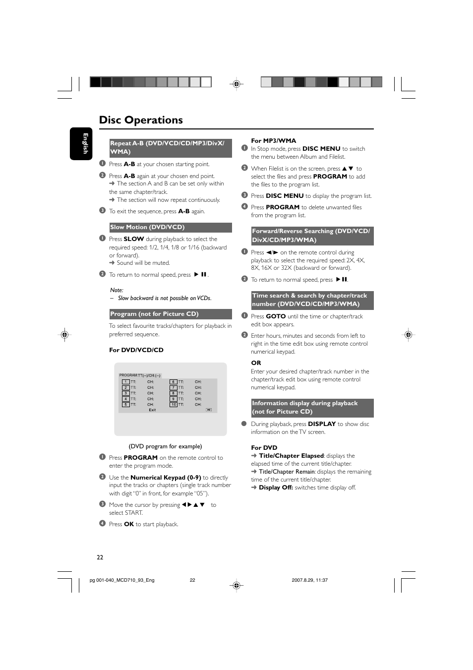 Disc operations | Philips MCD710 User Manual | Page 22 / 40