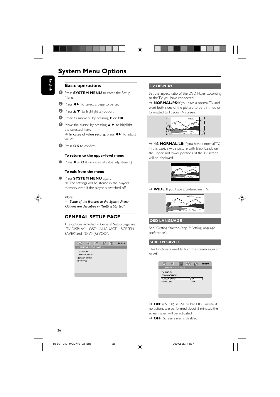 System menu options, Basic operations 1, General setup page | Philips MCD710 User Manual | Page 26 / 40