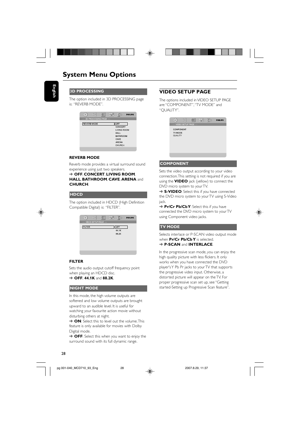 System menu options, Video setup page | Philips MCD710 User Manual | Page 28 / 40