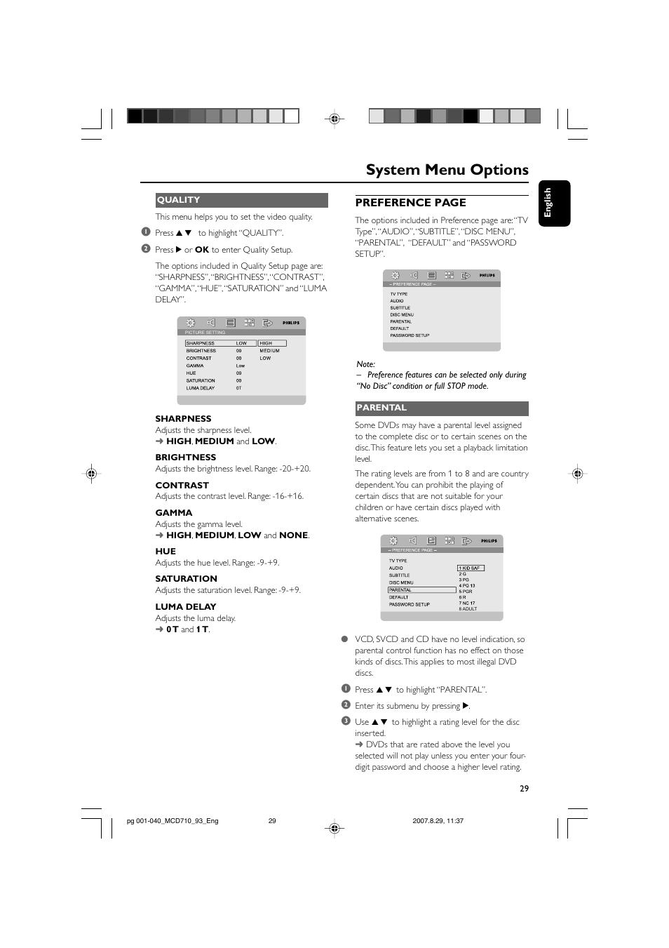 System menu options, Preference page | Philips MCD710 User Manual | Page 29 / 40
