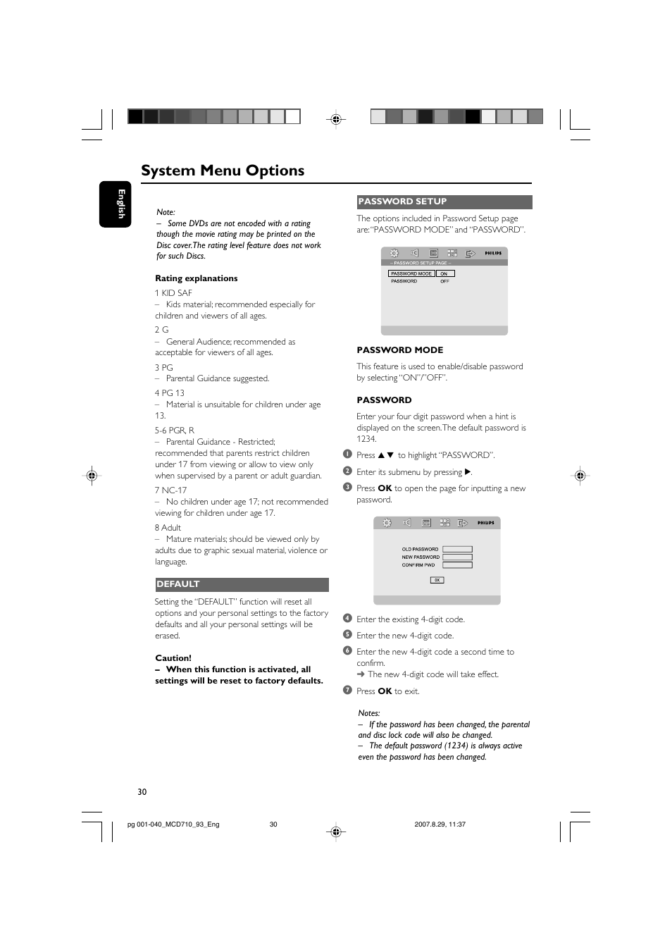 System menu options | Philips MCD710 User Manual | Page 30 / 40