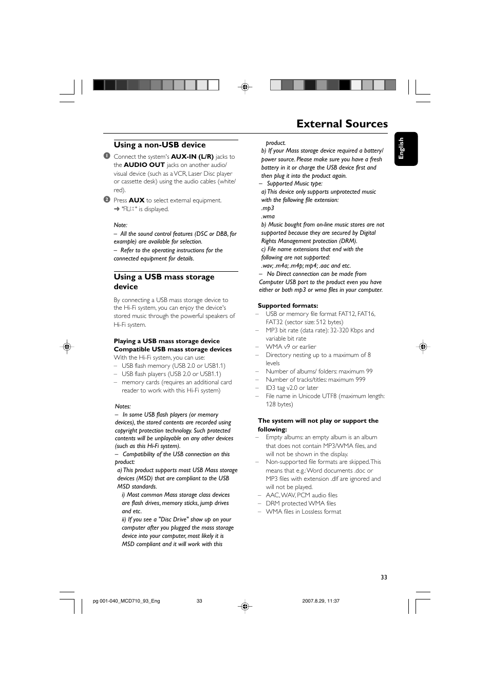 External sources, Using a non-usb device 1, Using a usb mass storage device | Philips MCD710 User Manual | Page 33 / 40