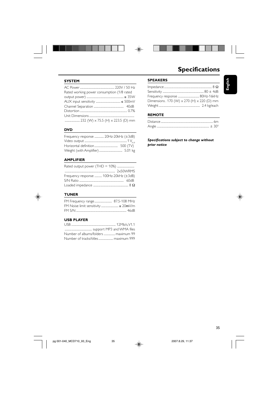 Specifications | Philips MCD710 User Manual | Page 35 / 40