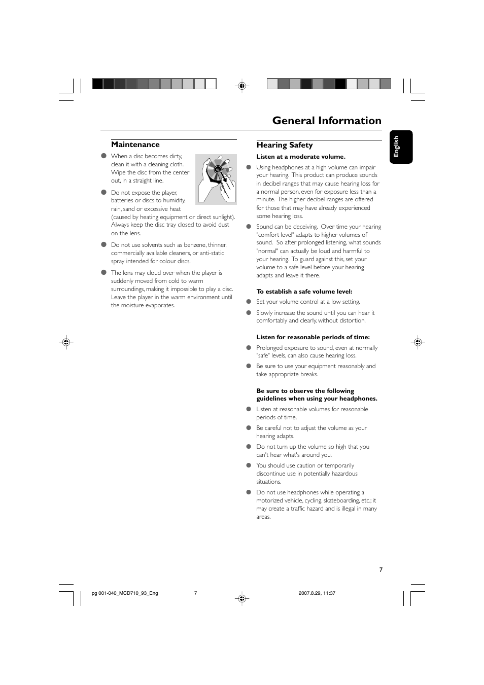 General information, Maintenance, Hearing safety | Philips MCD710 User Manual | Page 7 / 40