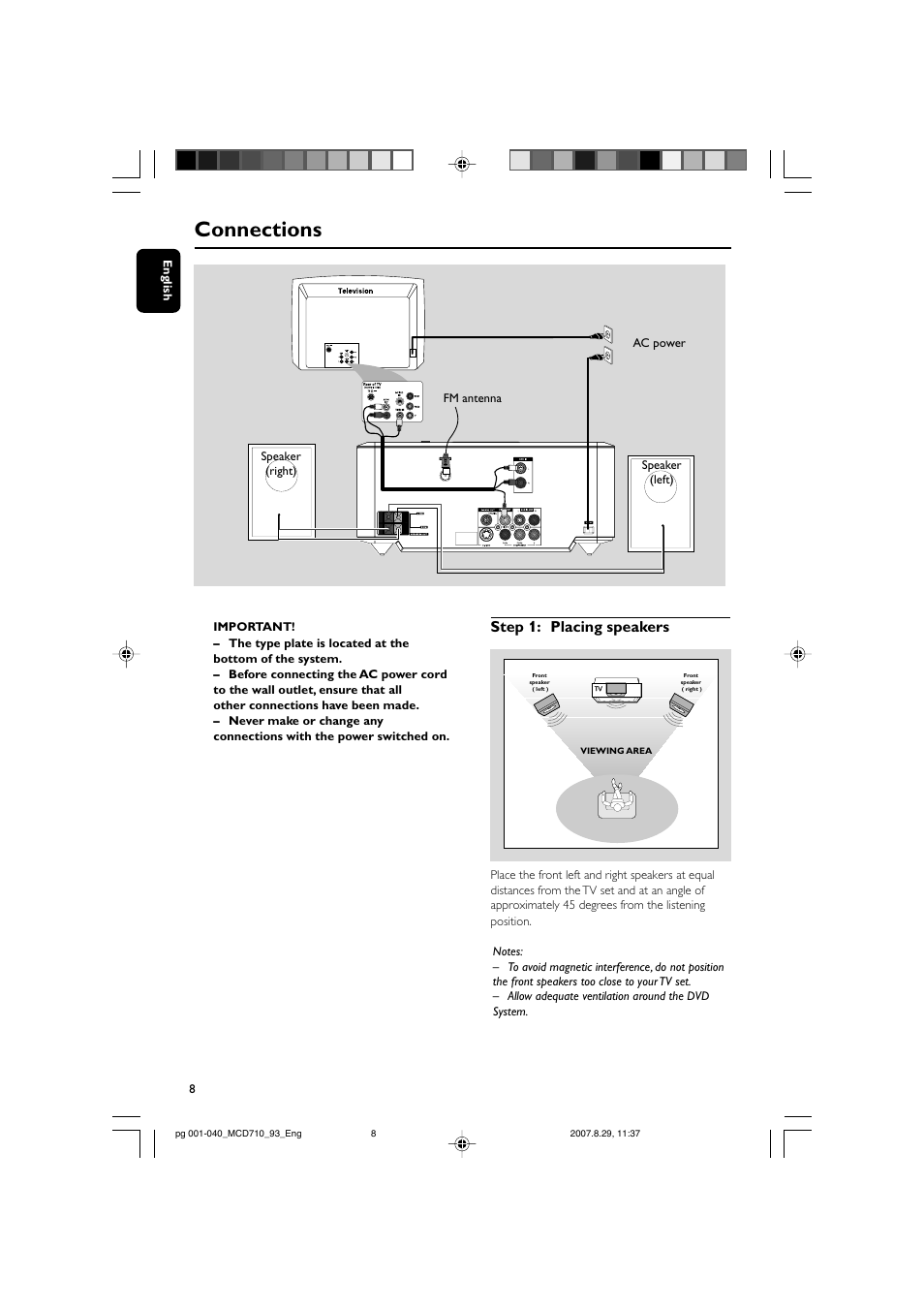 Connections, Step 1: placing speakers | Philips MCD710 User Manual | Page 8 / 40