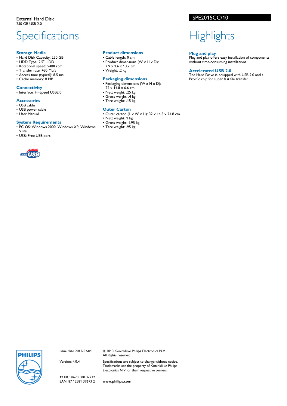Specifications, Highlights | Philips SPE2015CC User Manual | Page 2 / 2