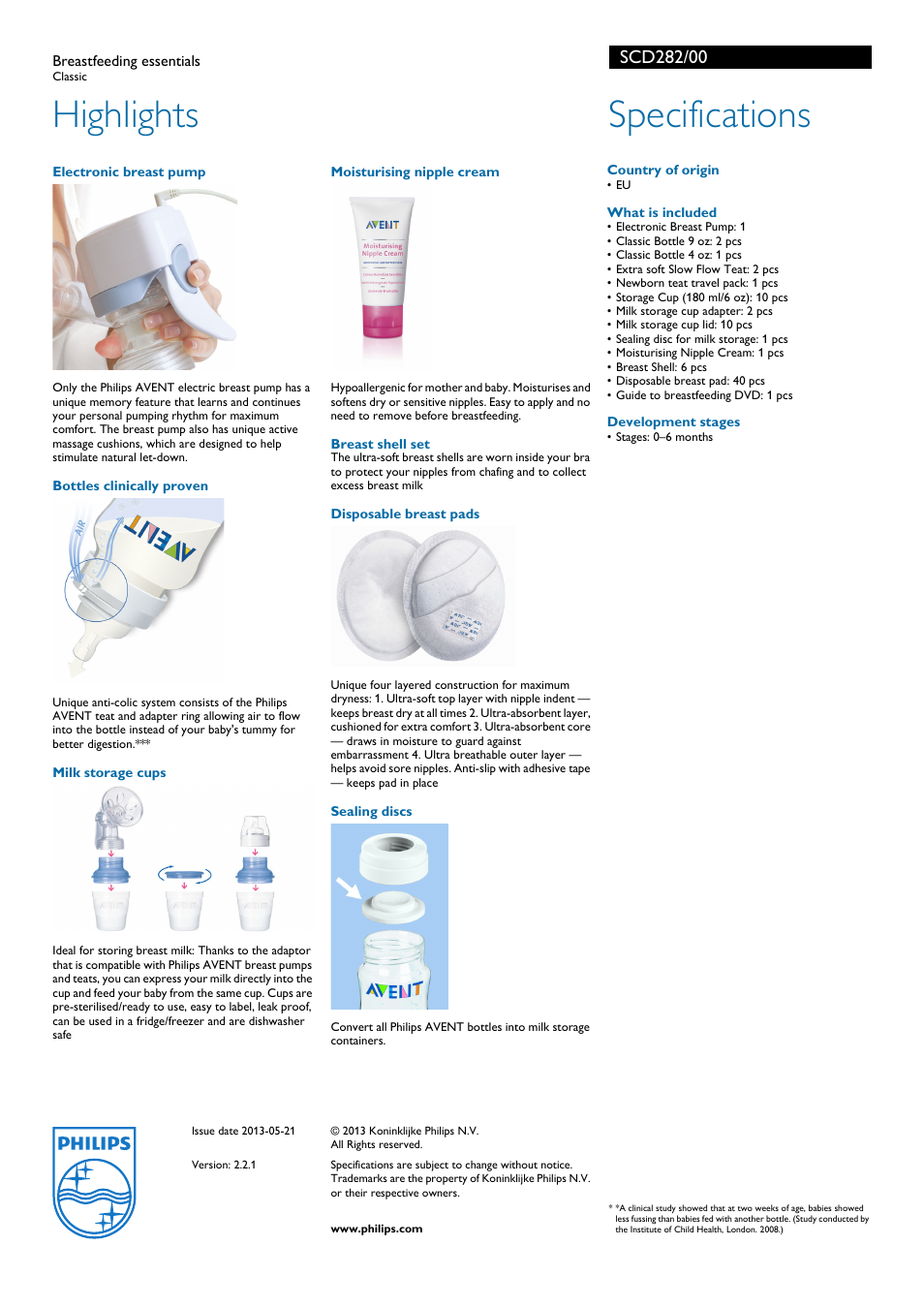 Highlights, Specifications | Philips Classic Breastfeeding Essentials SCD282 User Manual | Page 2 / 2