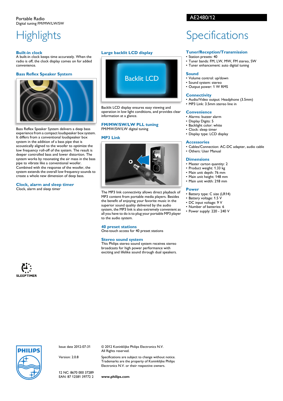 Highlights, Specifications | Philips AE2480 User Manual | Page 2 / 2