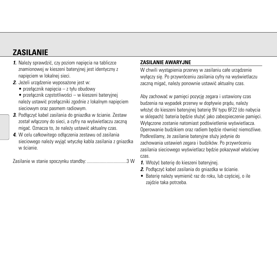 Zasilanie | Philips AJ3130/05 User Manual | Page 18 / 43