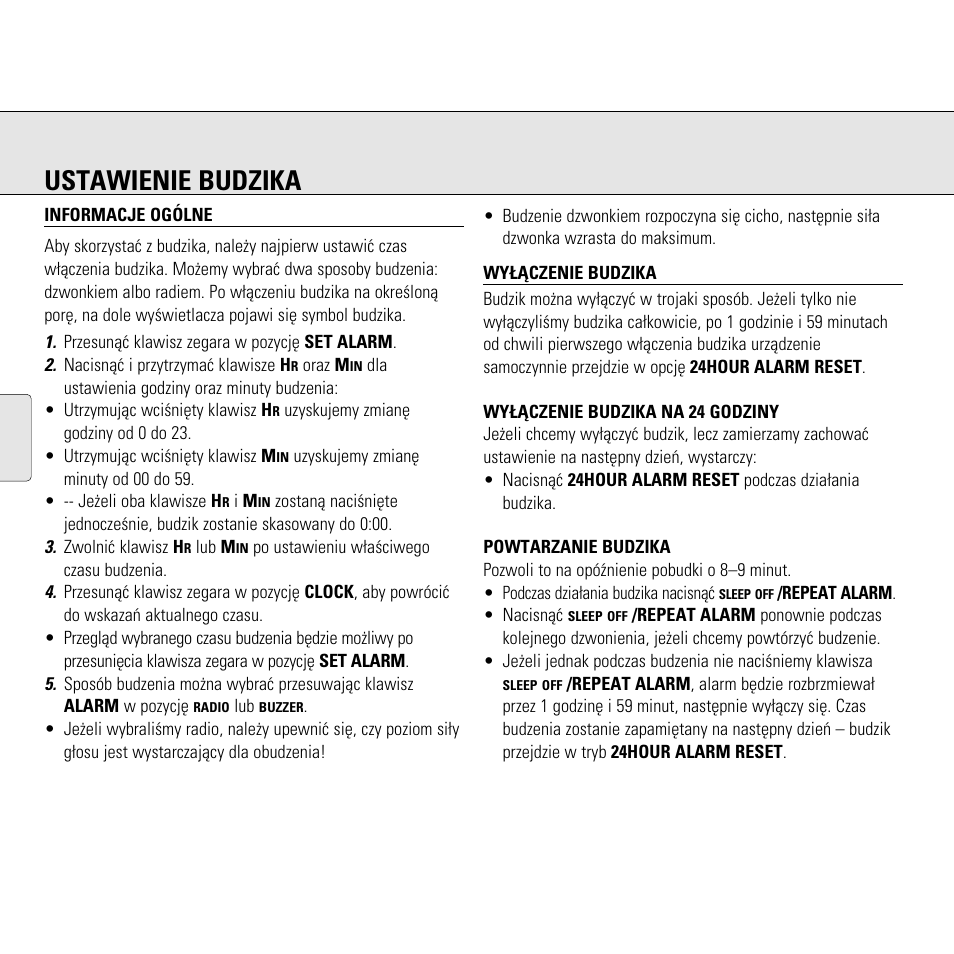 Ustawienie budzika | Philips AJ3130/05 User Manual | Page 20 / 43