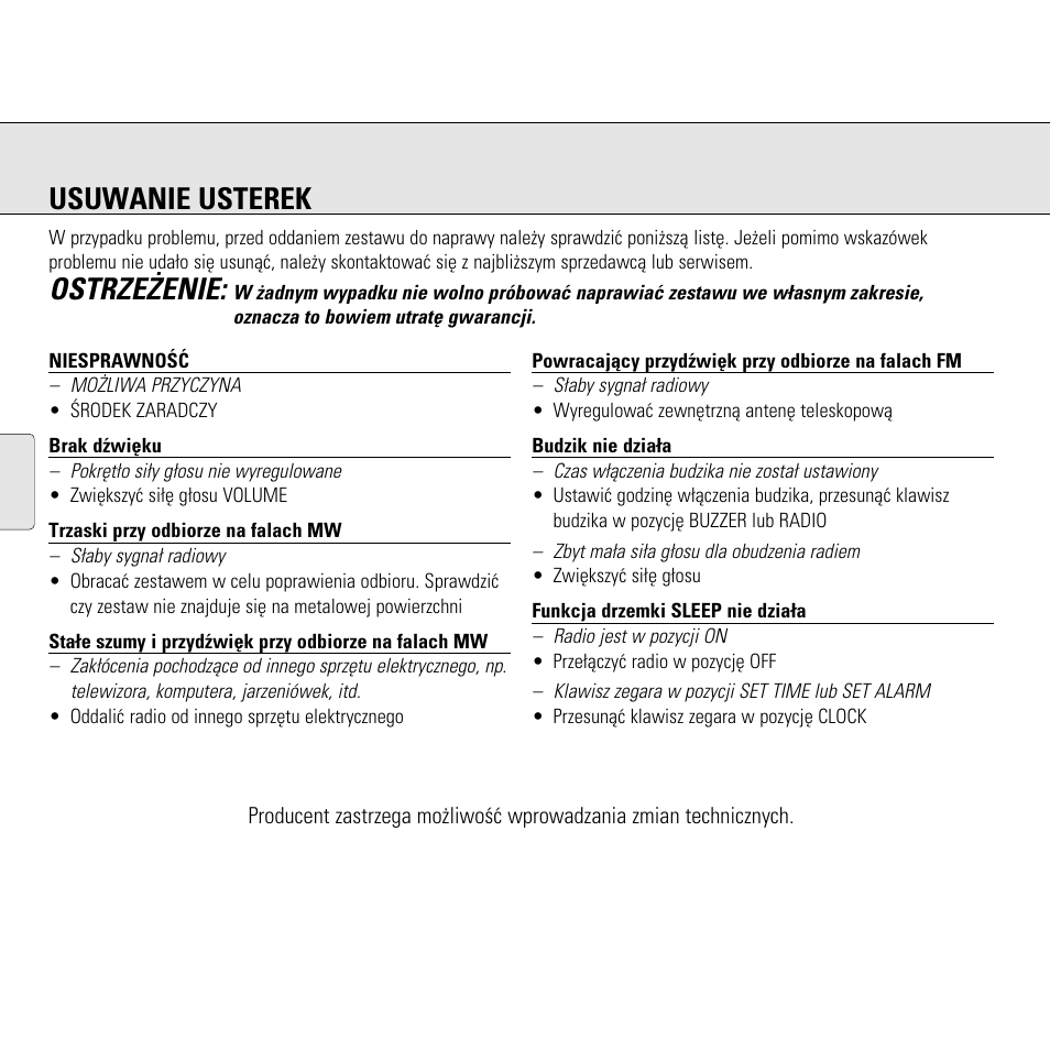 Usuwanie usterek, Ostrze¯enie | Philips AJ3130/05 User Manual | Page 22 / 43