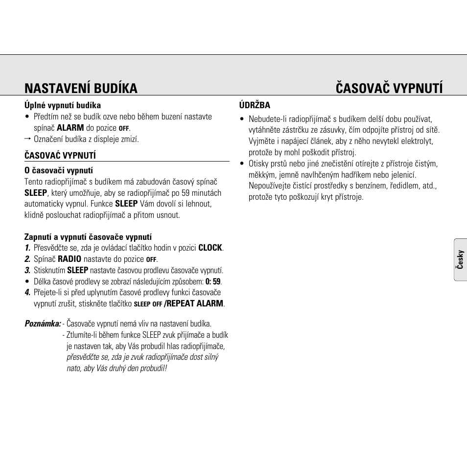 Nastavení budíka èasovaè vypnutí | Philips AJ3130/05 User Manual | Page 27 / 43