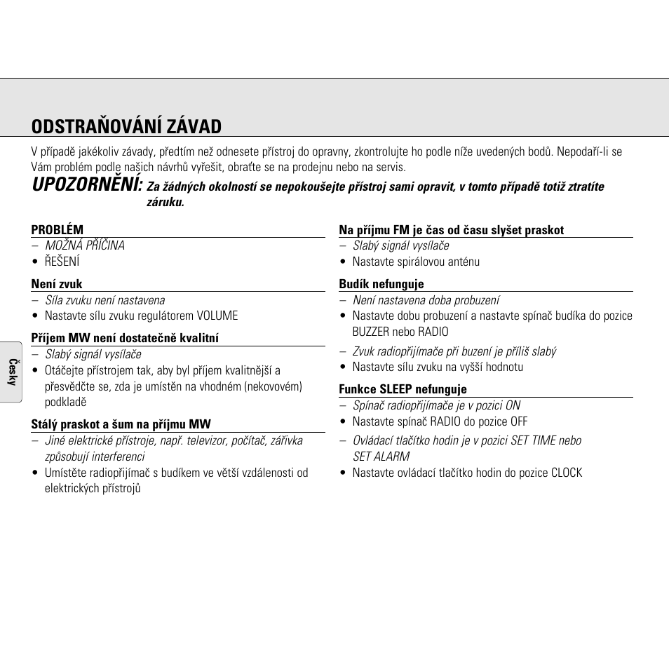 Odstraòování závad, Upozornìní | Philips AJ3130/05 User Manual | Page 28 / 43