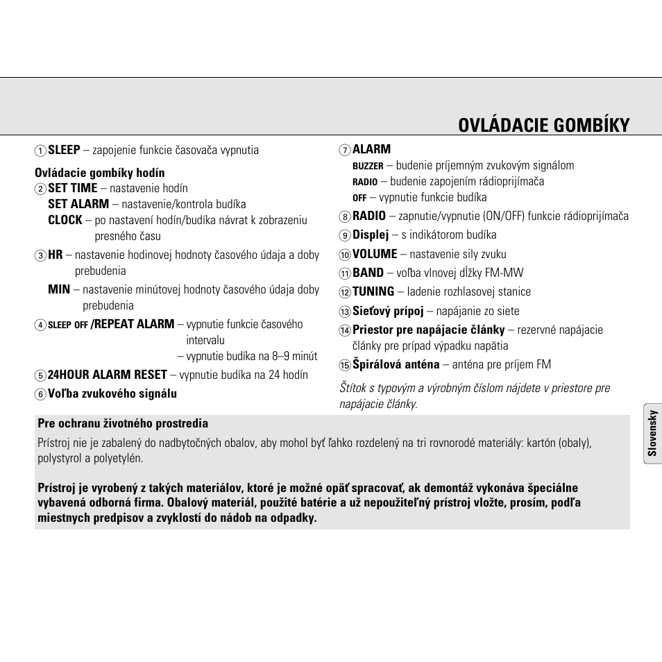 Ovládacie gombíky | Philips AJ3130/05 User Manual | Page 29 / 43