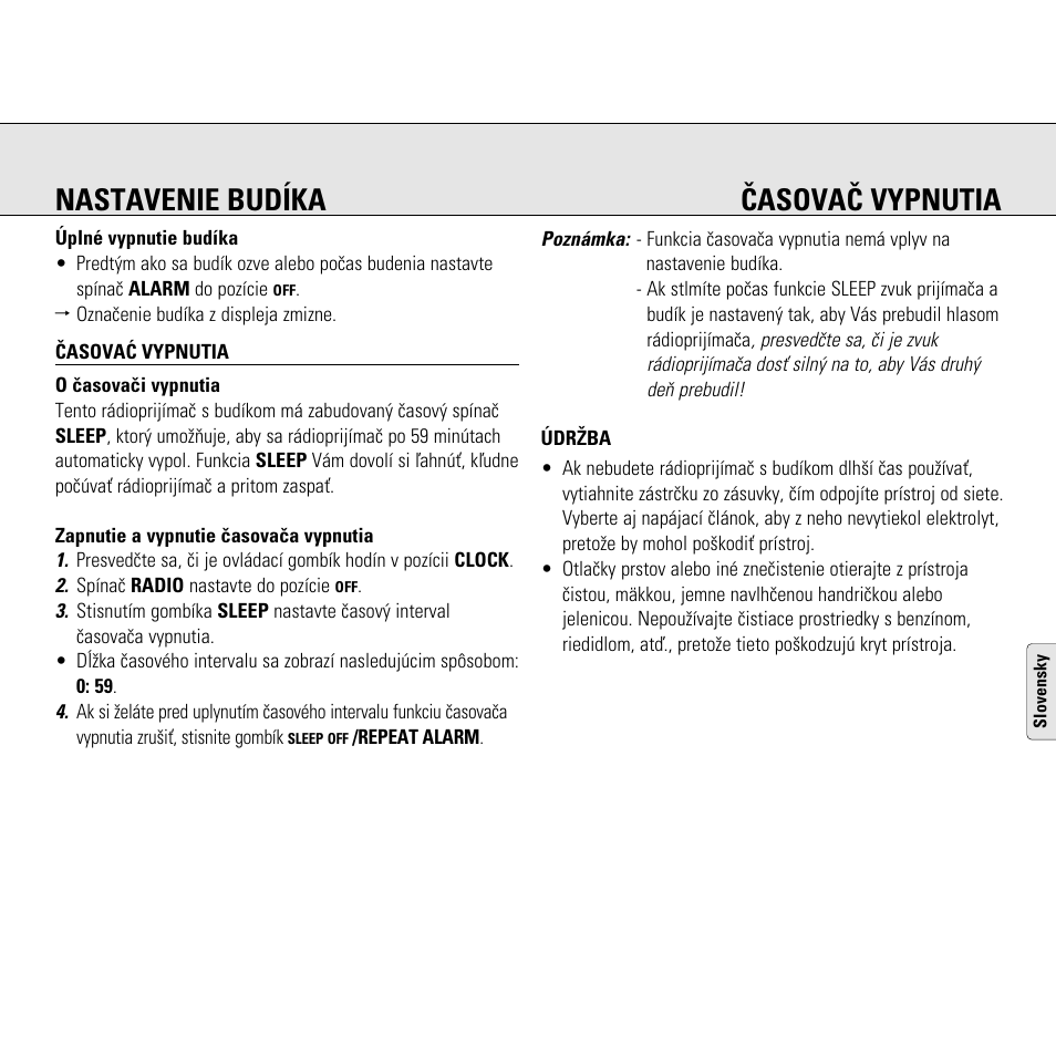 Nastavenie budíka èasovaè vypnutia | Philips AJ3130/05 User Manual | Page 33 / 43