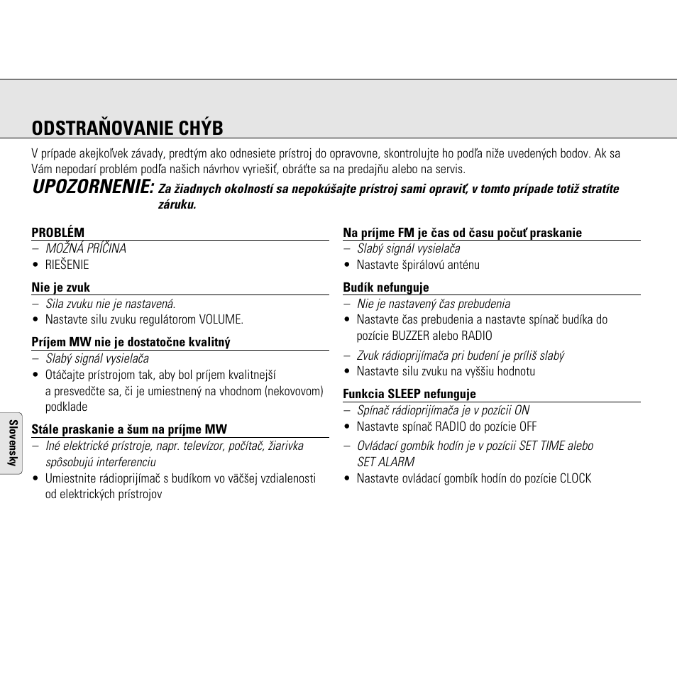 Odstraòovanie ch‡b, Upozornenie | Philips AJ3130/05 User Manual | Page 34 / 43