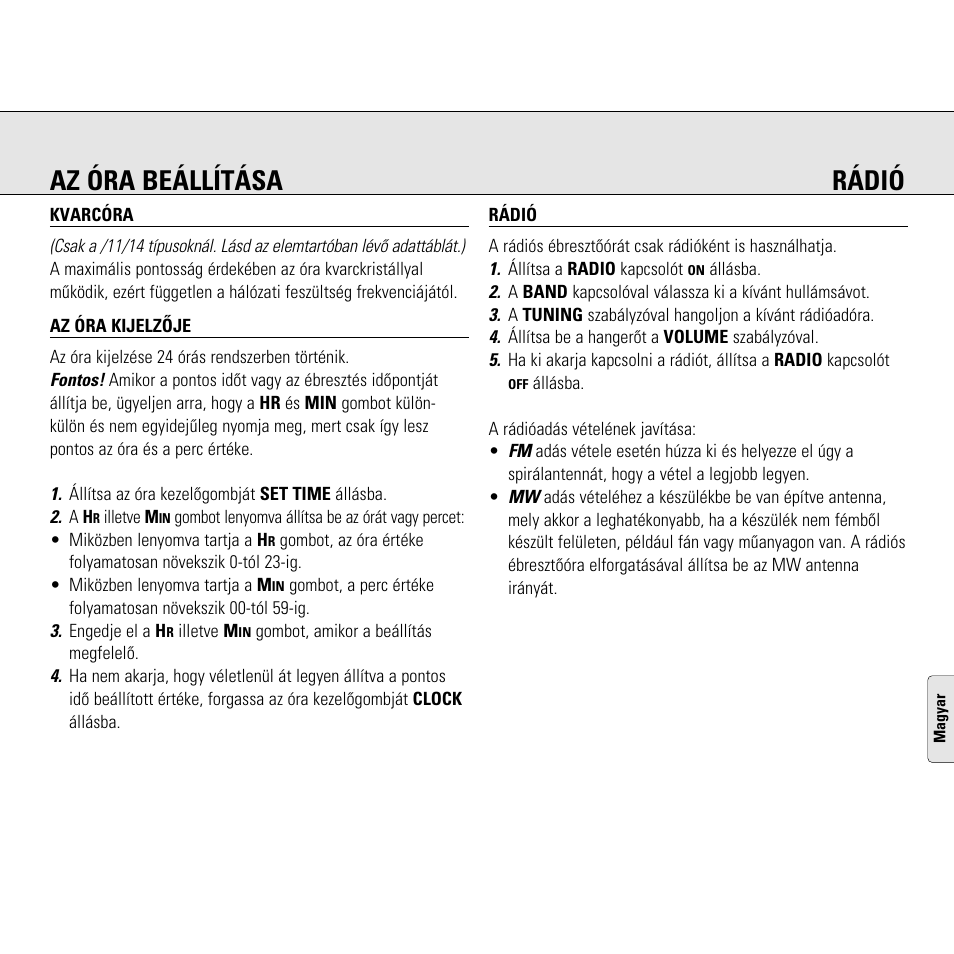 Az óra beállítása rádió | Philips AJ3130/05 User Manual | Page 37 / 43