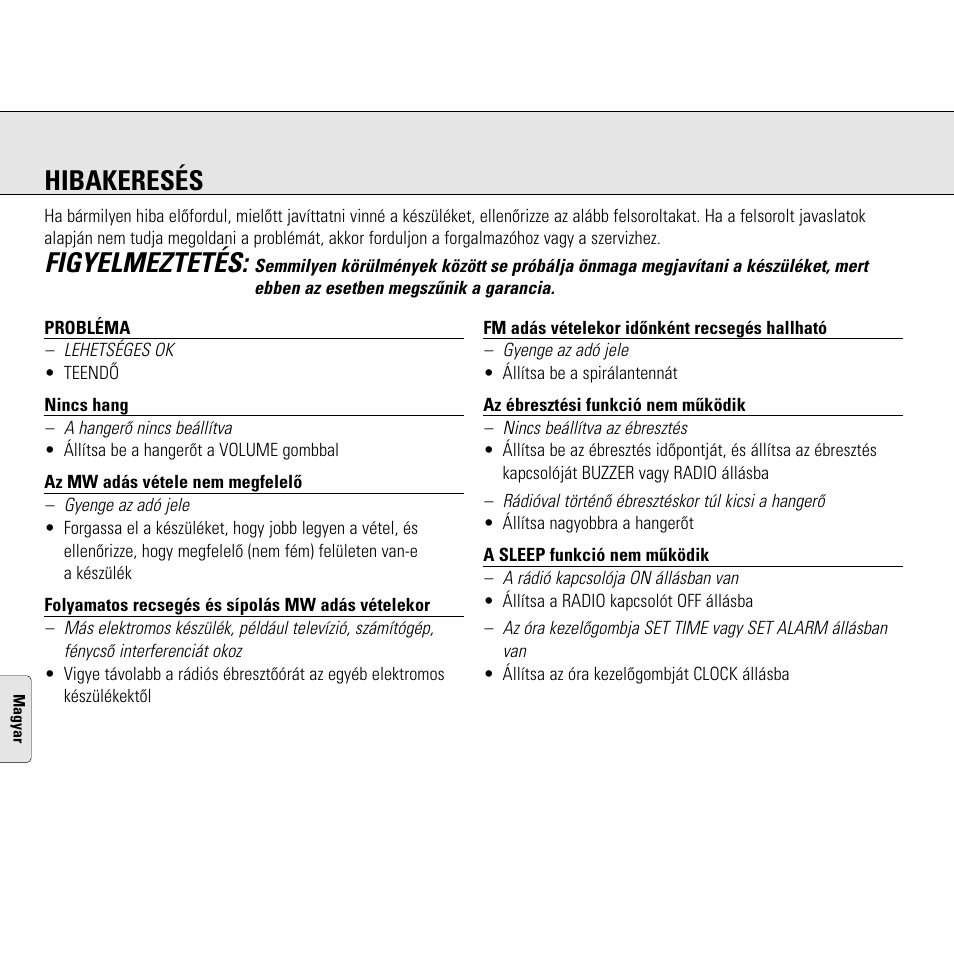 Hibakeresés, Figyelmeztetés | Philips AJ3130/05 User Manual | Page 40 / 43